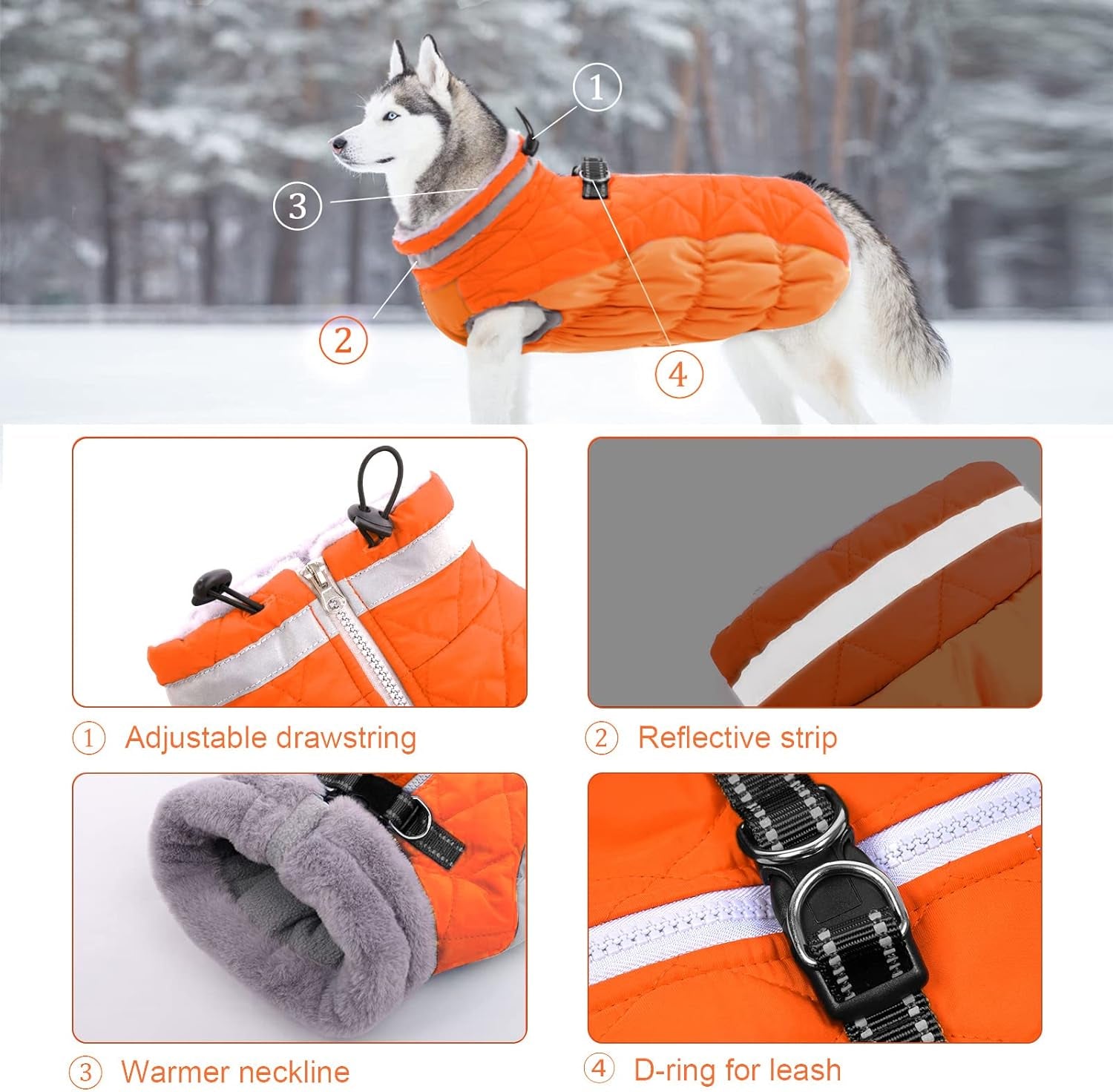 Warm Dog Winter Coat with Harness, Waterproof, Windproof, Reflective, Fleece Vest with Turtleneck & Zipper - Coats for Large Dogs in Cold Weather, Blaze Orange, L
