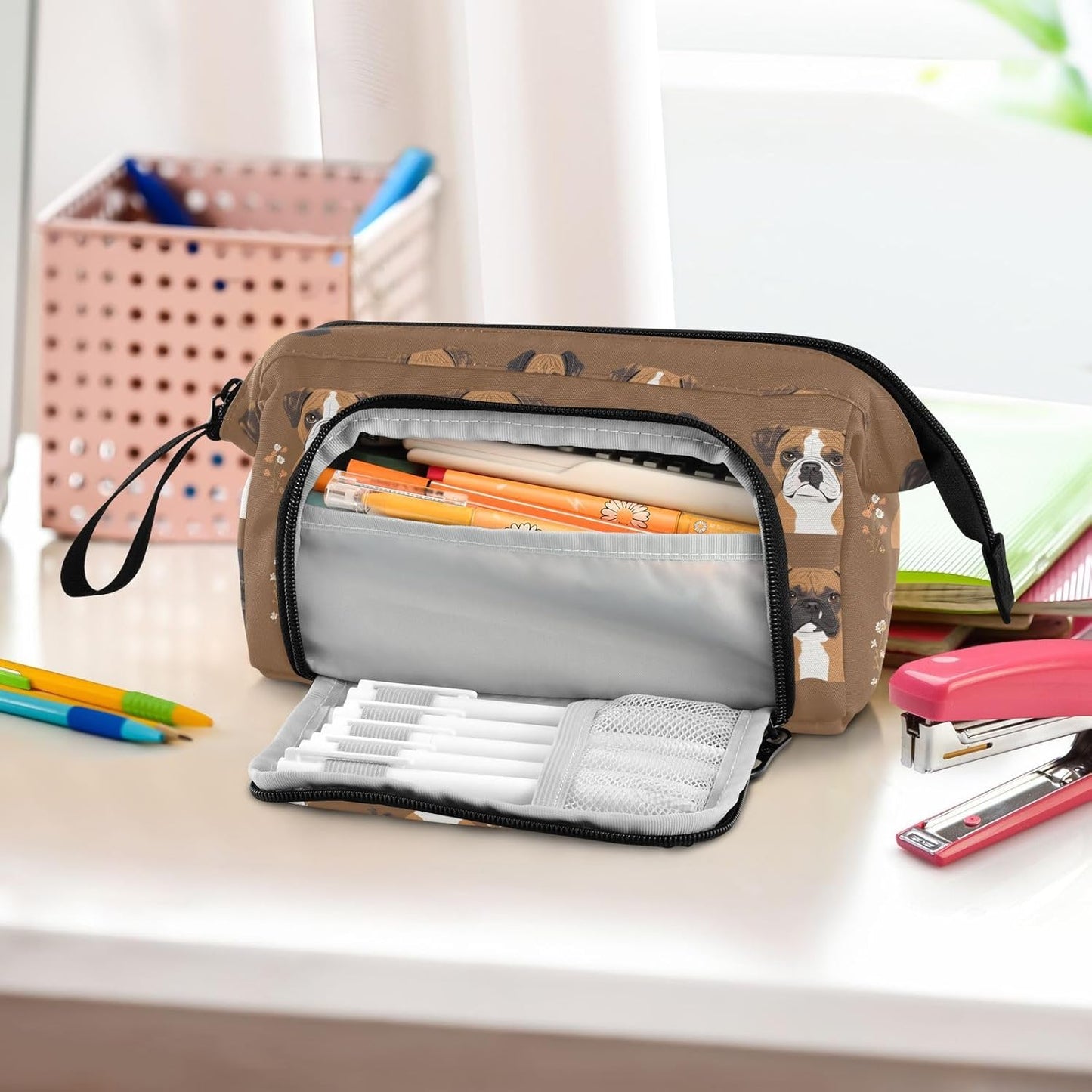 Cute Boxer Dogs Brown Pen Case Large Capacity Case for Pencils Multifunctional Pencil Case with Compartments for Adults Preppy School Supplies
