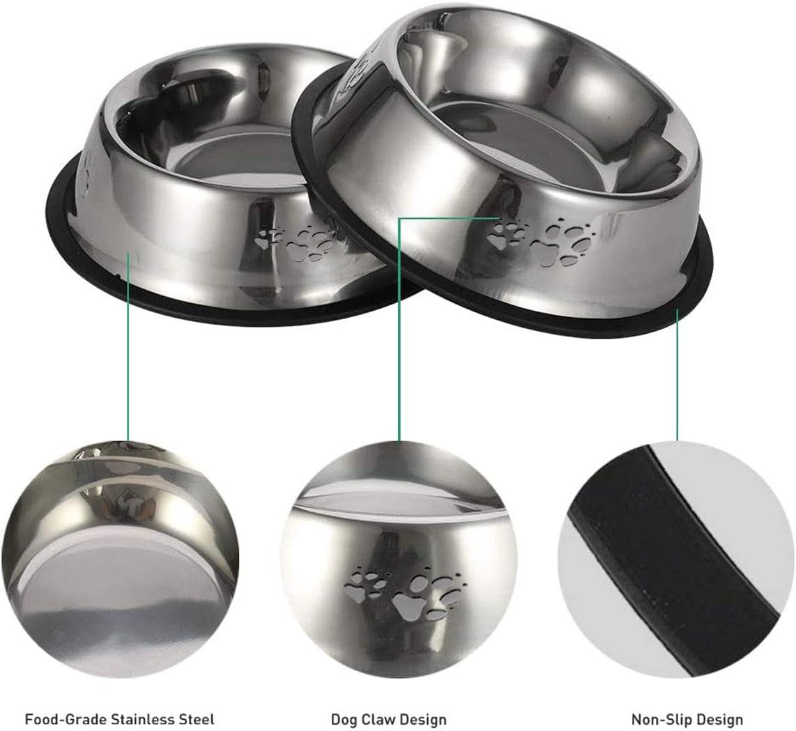 2PCS Stainless Steel Dog Bowl, Non-Slip Pets Feeder Bowl 30Oz/0.9L, Paw Dog Bowl for Small Medium Big Dogs Feed Water and Food, 7.7 X2.1Inches(Medium, Metal)