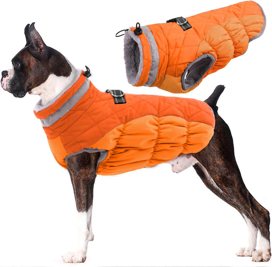 Warm Dog Winter Coat with Harness, Waterproof, Windproof, Reflective, Fleece Vest with Turtleneck & Zipper - Coats for Large Dogs in Cold Weather, Blaze Orange, L
