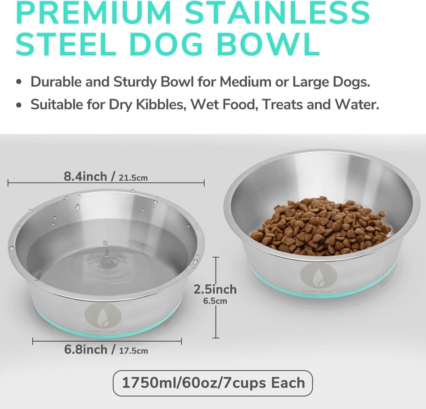 Stainless Steel Dog Bowls (2 Pack 1750Ml), Large Food and Water Bowl with Extra Large Capacity, Non-Slip Silicone Base, Dishwasher Safe Pet Feeding Dishes for Medium & Large Dogs