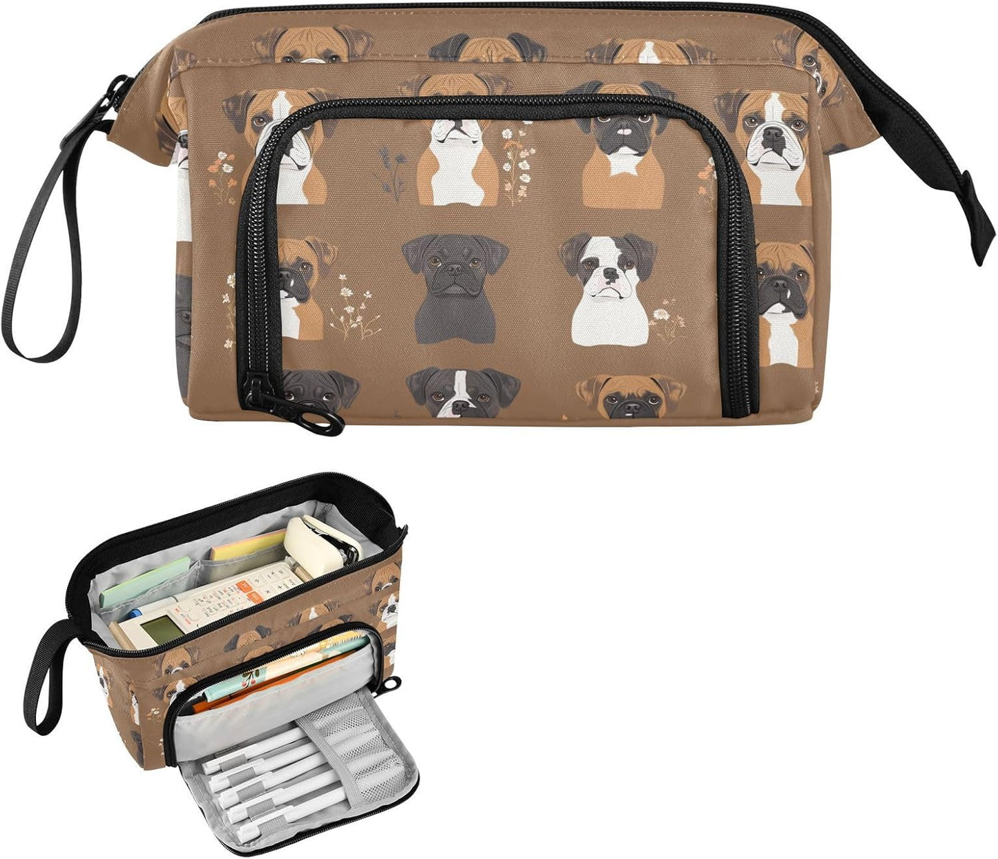 Cute Boxer Dogs Brown Pen Case Large Capacity Case for Pencils Multifunctional Pencil Case with Compartments for Adults Preppy School Supplies
