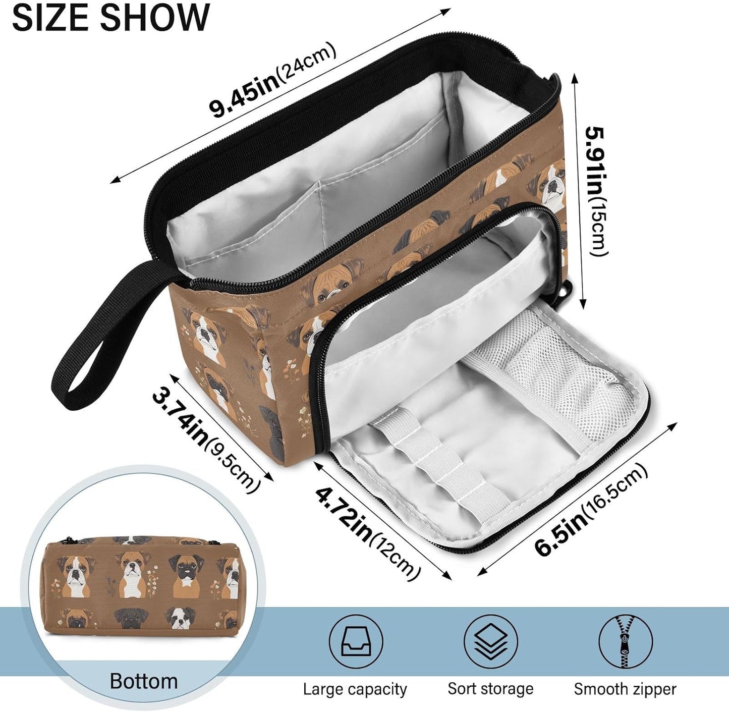 Cute Boxer Dogs Brown Pen Case Large Capacity Case for Pencils Multifunctional Pencil Case with Compartments for Adults Preppy School Supplies