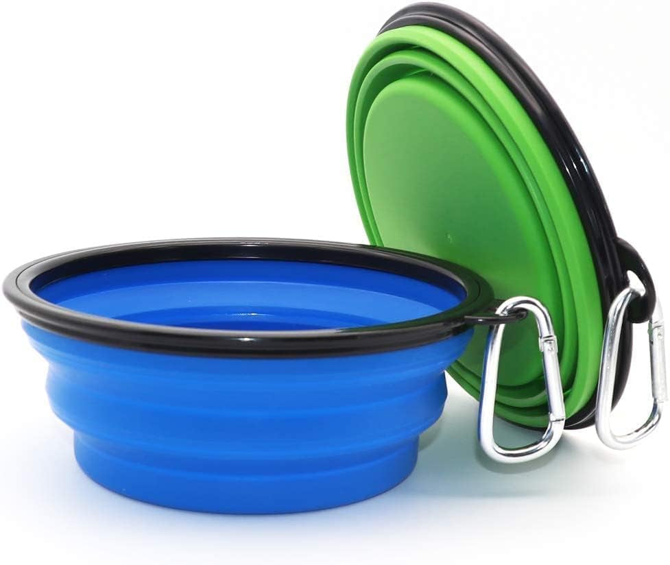 Dog Bowl Pet Collapsible Bowls, 2 Pack Collapsible Dog Water Bowls for Cats Dogs, Portable Pet Feeding Watering Dish for Walking Parking Traveling with 2 Carabiners (Large, Blue+Green)