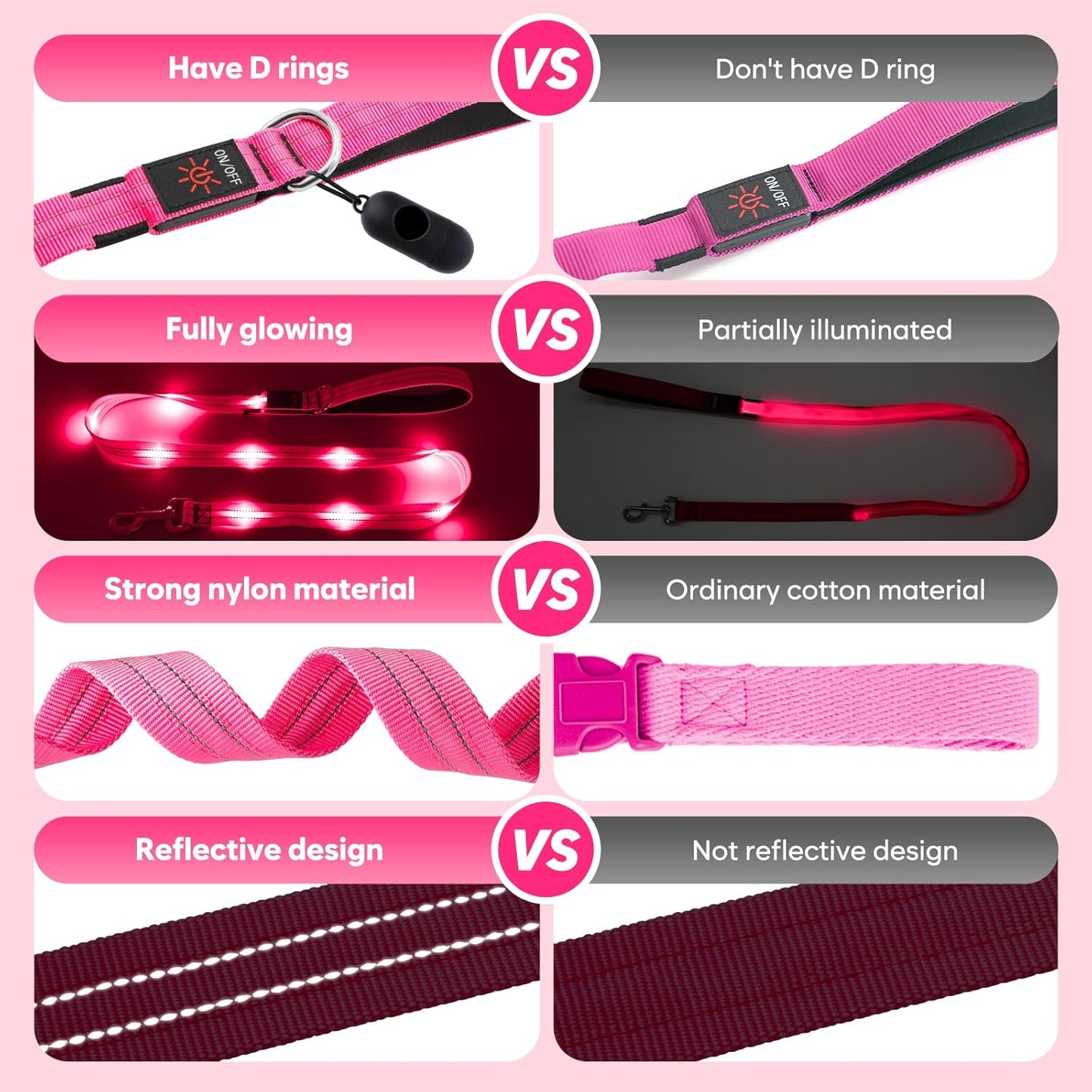 4 Ft Led Dog Leash, Rechargeable Light up Dog Leash Waterproof, Safety Glow in the Dark Dog Leash for Night Walking, Nylon Reflective Leashes with Padded Handle Small Medium Large Pets (Pink)