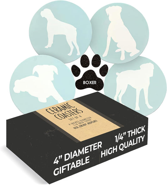 Boxer Lovers Ceramic Drink Coasters - Set of 4 Dog Coasters with Protective Cork Bottom and Metal Stand - Boxer Decor for Boxer Moms & Dads