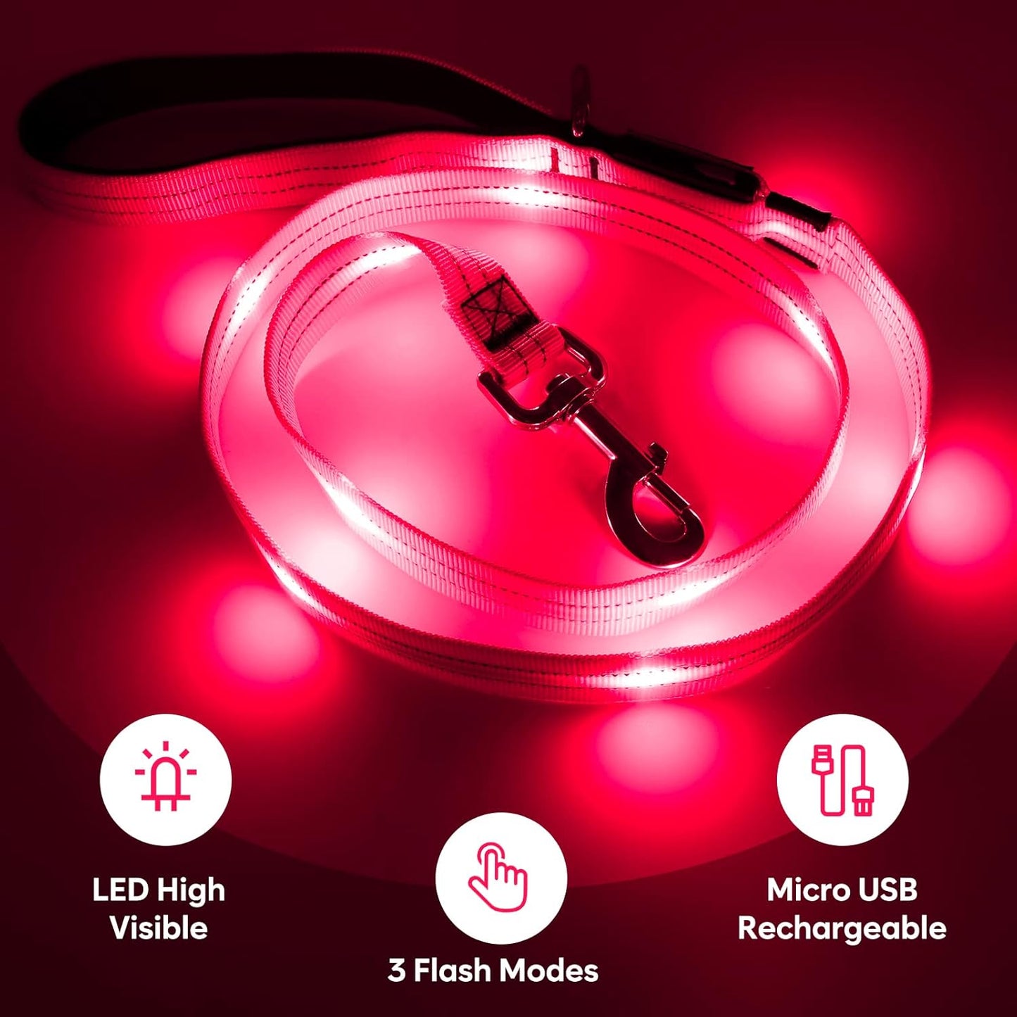 4 Ft Led Dog Leash, Rechargeable Light up Dog Leash Waterproof, Safety Glow in the Dark Dog Leash for Night Walking, Nylon Reflective Leashes with Padded Handle Small Medium Large Pets (Pink)