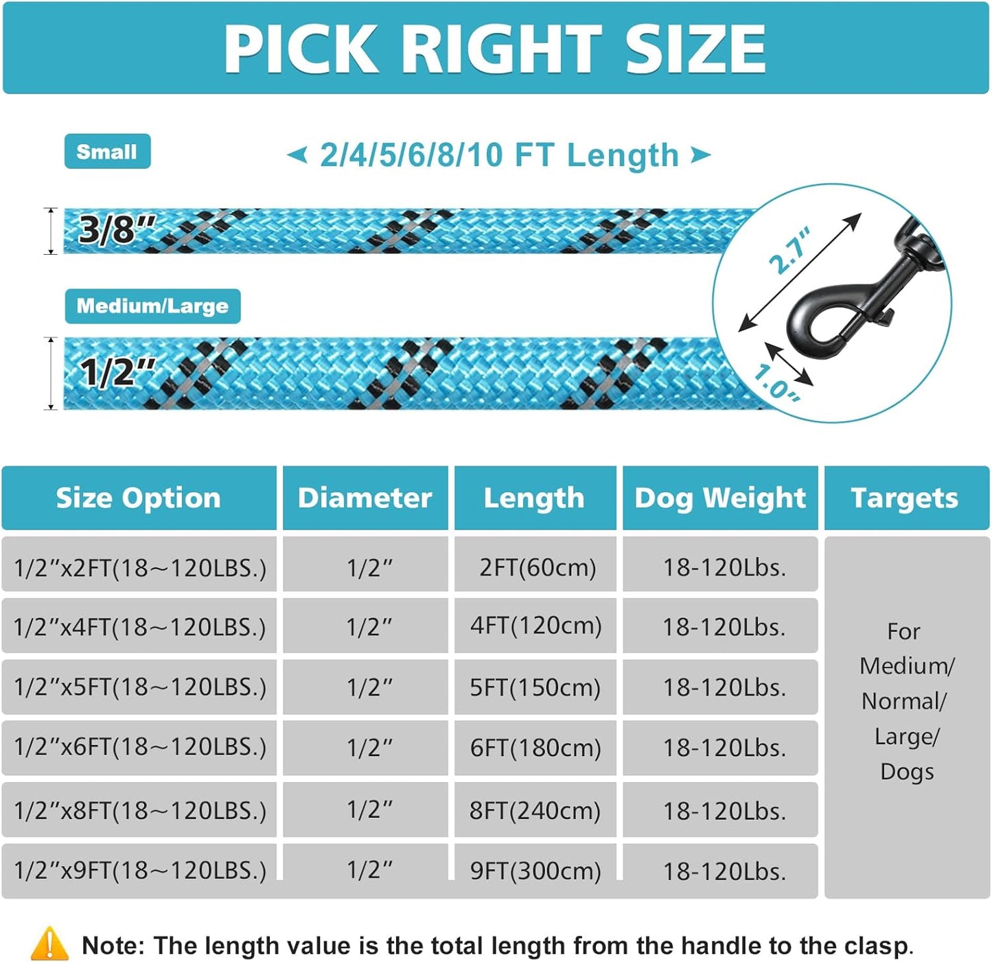 Dog Leash Heavy Duty - 2/4/5/6/8/10 Foot Rope Leash with Comfortable Padded Handle and Reflective - Puppy Training Leash for Small Medium Large Breed Dogs - (1/2" X5 FT, Black)