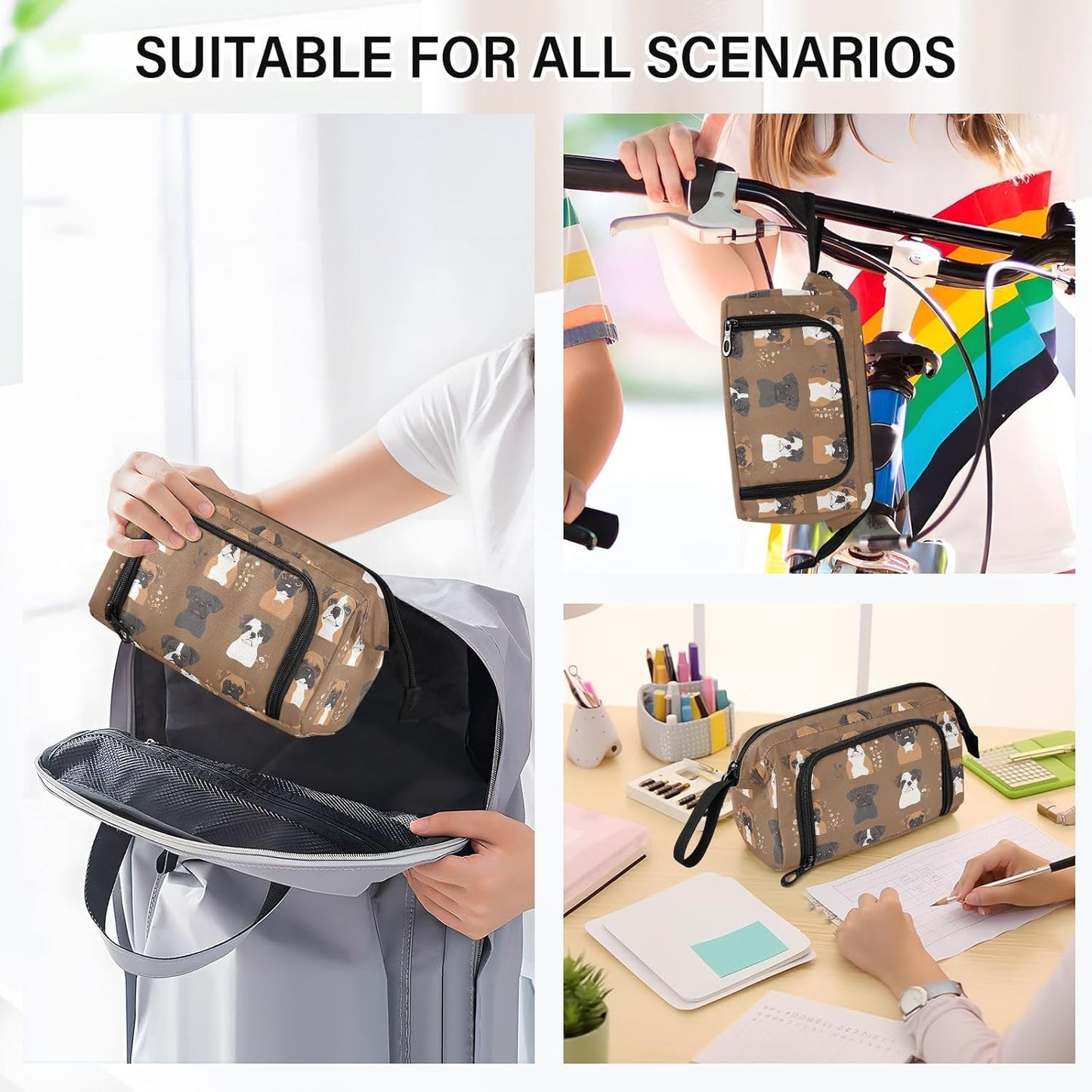 Cute Boxer Dogs Brown Pen Case Large Capacity Case for Pencils Multifunctional Pencil Case with Compartments for Adults Preppy School Supplies