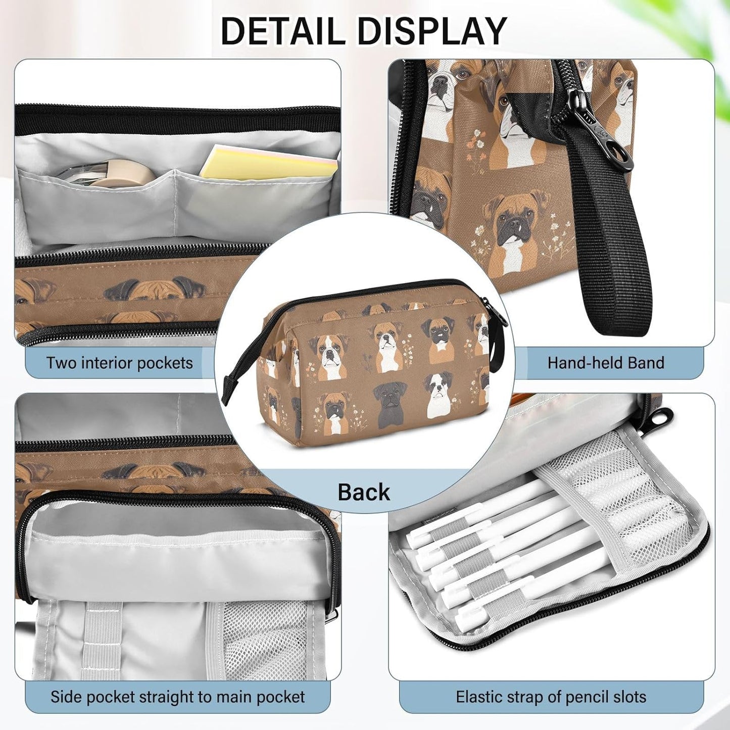 Cute Boxer Dogs Brown Pen Case Large Capacity Case for Pencils Multifunctional Pencil Case with Compartments for Adults Preppy School Supplies