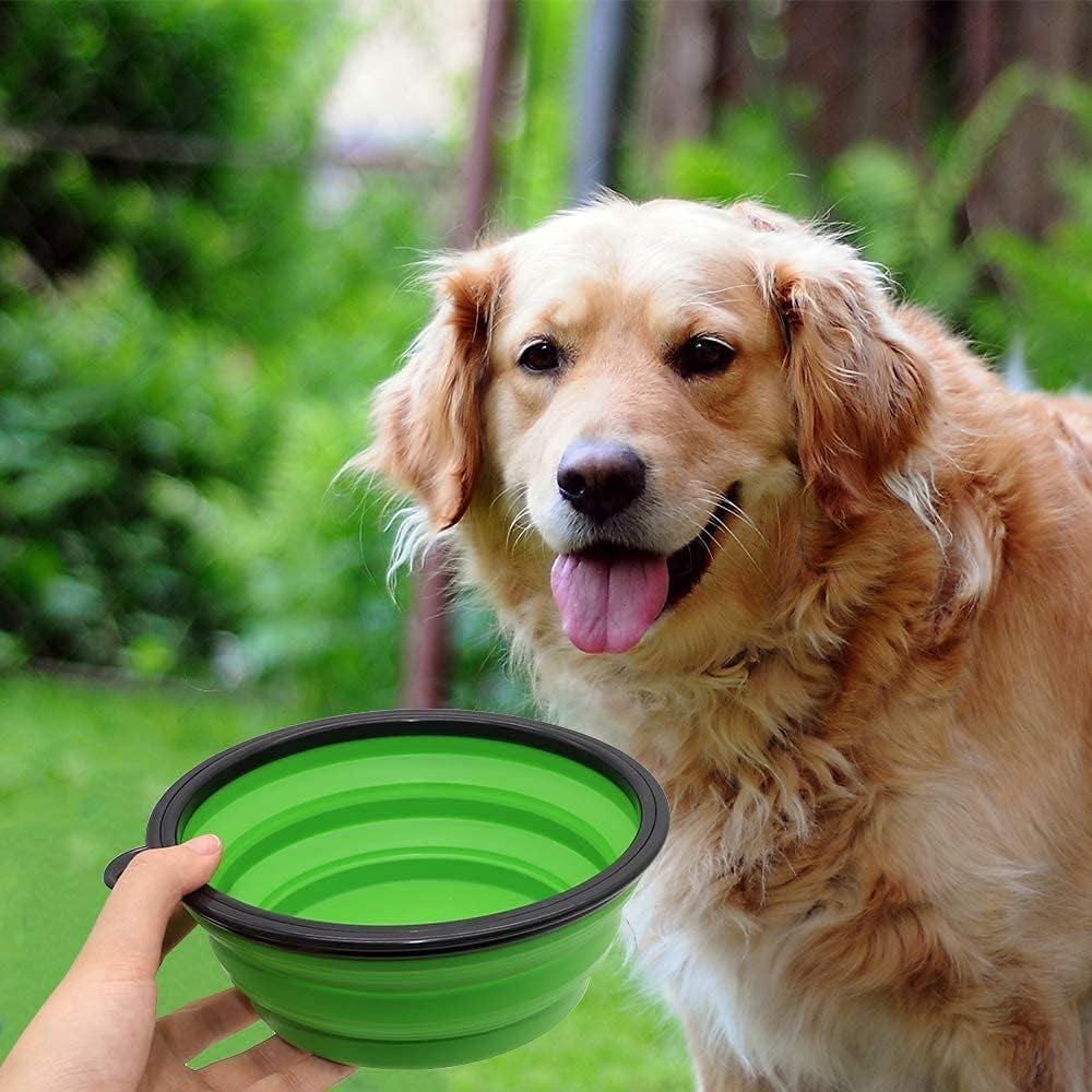 Dog Bowl Pet Collapsible Bowls, 2 Pack Collapsible Dog Water Bowls for Cats Dogs, Portable Pet Feeding Watering Dish for Walking Parking Traveling with 2 Carabiners (Large, Blue+Green)