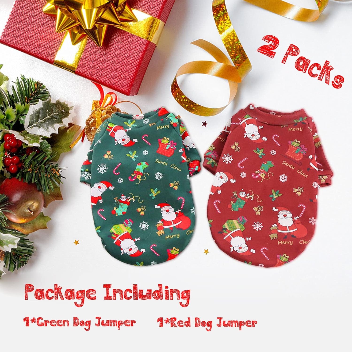 2Pack Dog Christmas Sweater-Outfits - Dog Christmas Costumes Jumper Winter Warm Xmas Puppy Holiday for Dog Cold Weather Xmas Outfit Apparel for Medium Large Dogs (L (Chest:31.5'',Back:19.7''))
