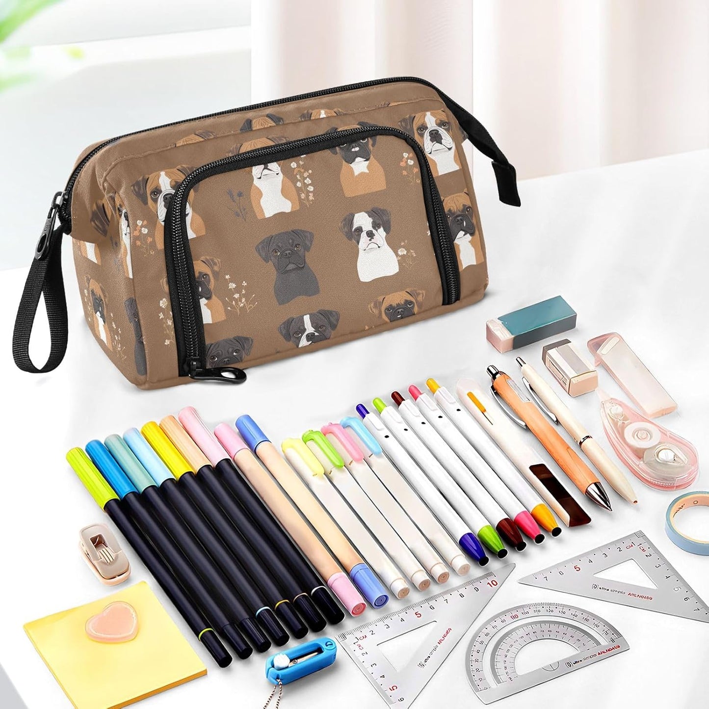 Cute Boxer Dogs Brown Pen Case Large Capacity Case for Pencils Multifunctional Pencil Case with Compartments for Adults Preppy School Supplies