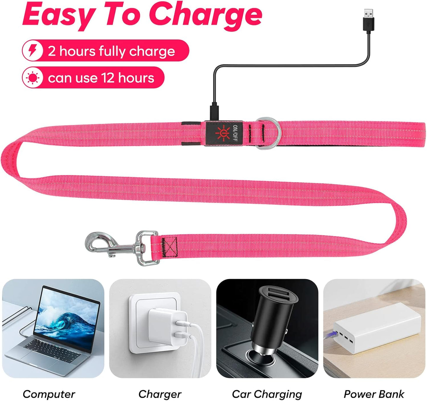4 Ft Led Dog Leash, Rechargeable Light up Dog Leash Waterproof, Safety Glow in the Dark Dog Leash for Night Walking, Nylon Reflective Leashes with Padded Handle Small Medium Large Pets (Pink)