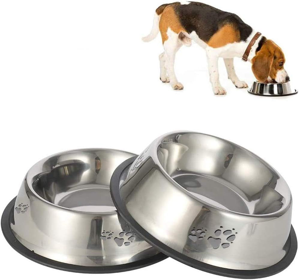 2PCS Stainless Steel Dog Bowl, Non-Slip Pets Feeder Bowl 30Oz/0.9L, Paw Dog Bowl for Small Medium Big Dogs Feed Water and Food, 7.7 X2.1Inches(Medium, Metal)