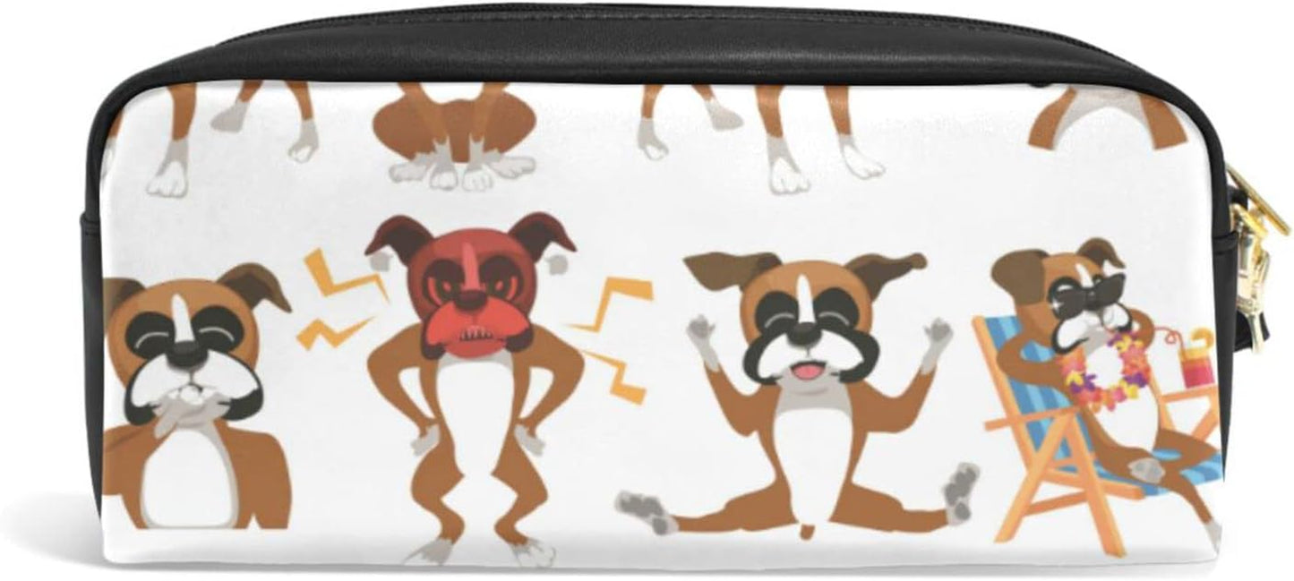 Boxer Dog Pencil Case PU Leather Pencil Pouch Zipper Bag Pen Stationary Bag Cosmetic Makeup Bag