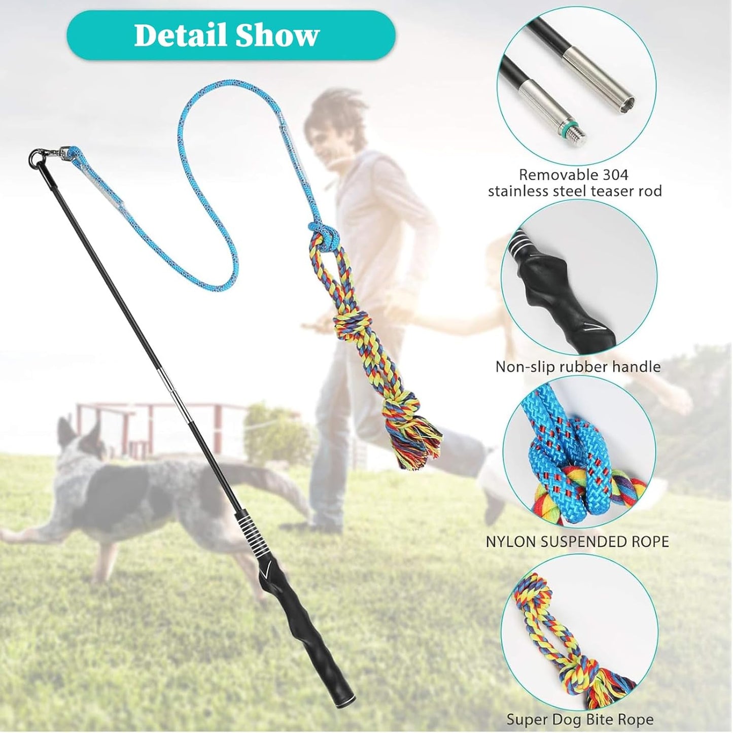 Flirt Pole for Dogs Pet Teaser Wand Outdoor Interactive Pet Dog Flirt Pole Training Exercise Rope Toy for Small Medium Large Dogs Cats