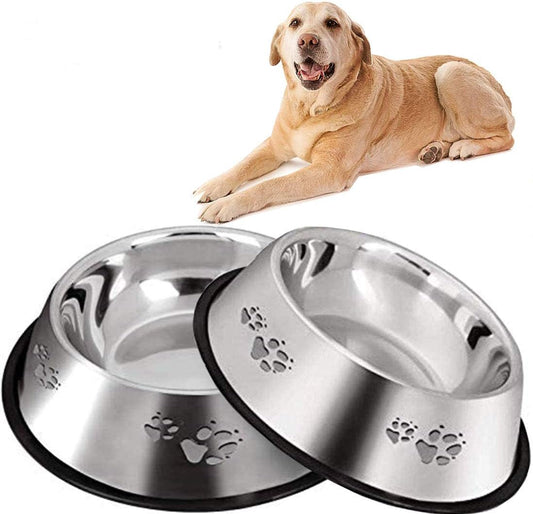 2PCS Stainless Steel Dog Bowl, Non-Slip Pets Feeder Bowl 30Oz/0.9L, Paw Dog Bowl for Small Medium Big Dogs Feed Water and Food, 7.7 X2.1Inches(Medium, Metal)