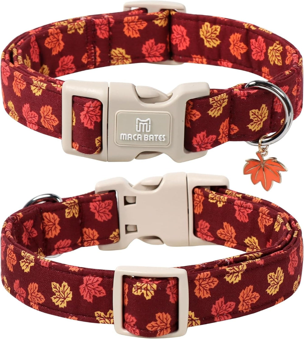 Maca Bates Fall Basic Dog Collar with Maple Leaf Charm for Medium Boy,Girl,Autumn Red Foliage Puppy Collars,Adjustable Durable Soft Comfortable for Male Female Dogs with Safety Buckle