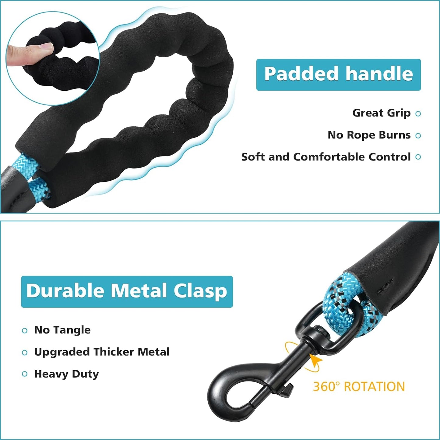 Dog Leash Heavy Duty - 2/4/5/6/8/10 Foot Rope Leash with Comfortable Padded Handle and Reflective - Puppy Training Leash for Small Medium Large Breed Dogs - (1/2" X5 FT, Black)