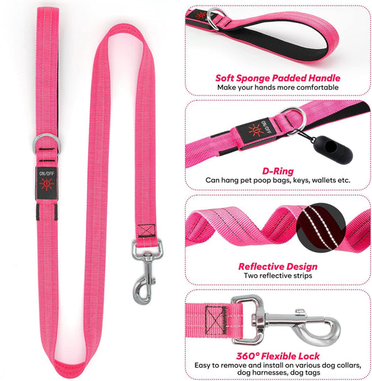 4 Ft Led Dog Leash, Rechargeable Light up Dog Leash Waterproof, Safety Glow in the Dark Dog Leash for Night Walking, Nylon Reflective Leashes with Padded Handle Small Medium Large Pets (Pink)