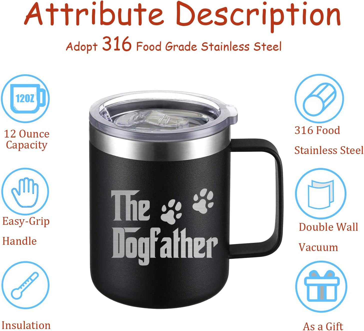 Funny Dog Dad Gift Travel Mug, Perfect for Birthday, Christmas, Father’S Day, Festivals, 316 Food-Grade Stainless Steel, 12-Oz Double-Wall Vacuum Insulated with Lid and Handle