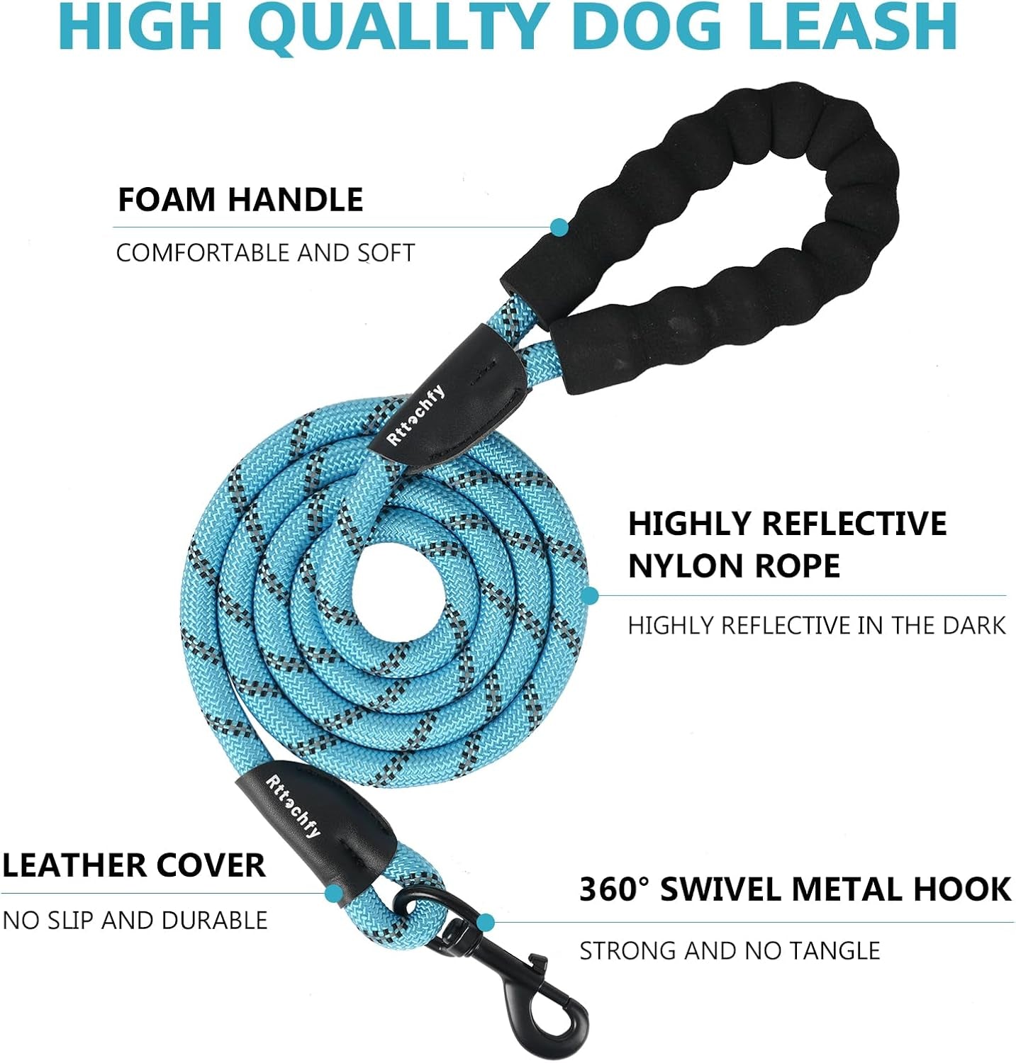 Dog Leash Heavy Duty - 2/4/5/6/8/10 Foot Rope Leash with Comfortable Padded Handle and Reflective - Puppy Training Leash for Small Medium Large Breed Dogs - (1/2" X5 FT, Black)