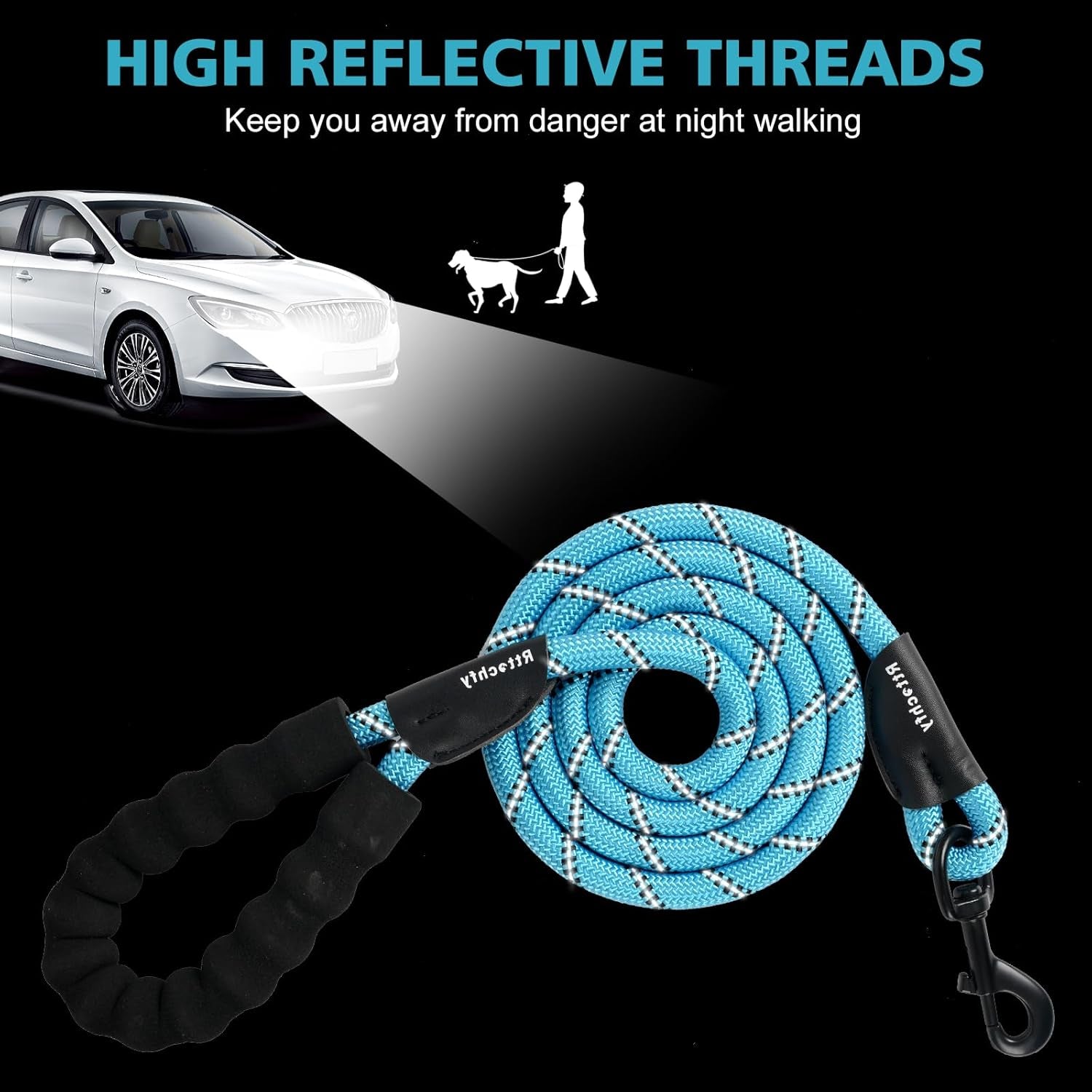 Dog Leash Heavy Duty - 2/4/5/6/8/10 Foot Rope Leash with Comfortable Padded Handle and Reflective - Puppy Training Leash for Small Medium Large Breed Dogs - (1/2" X5 FT, Black)