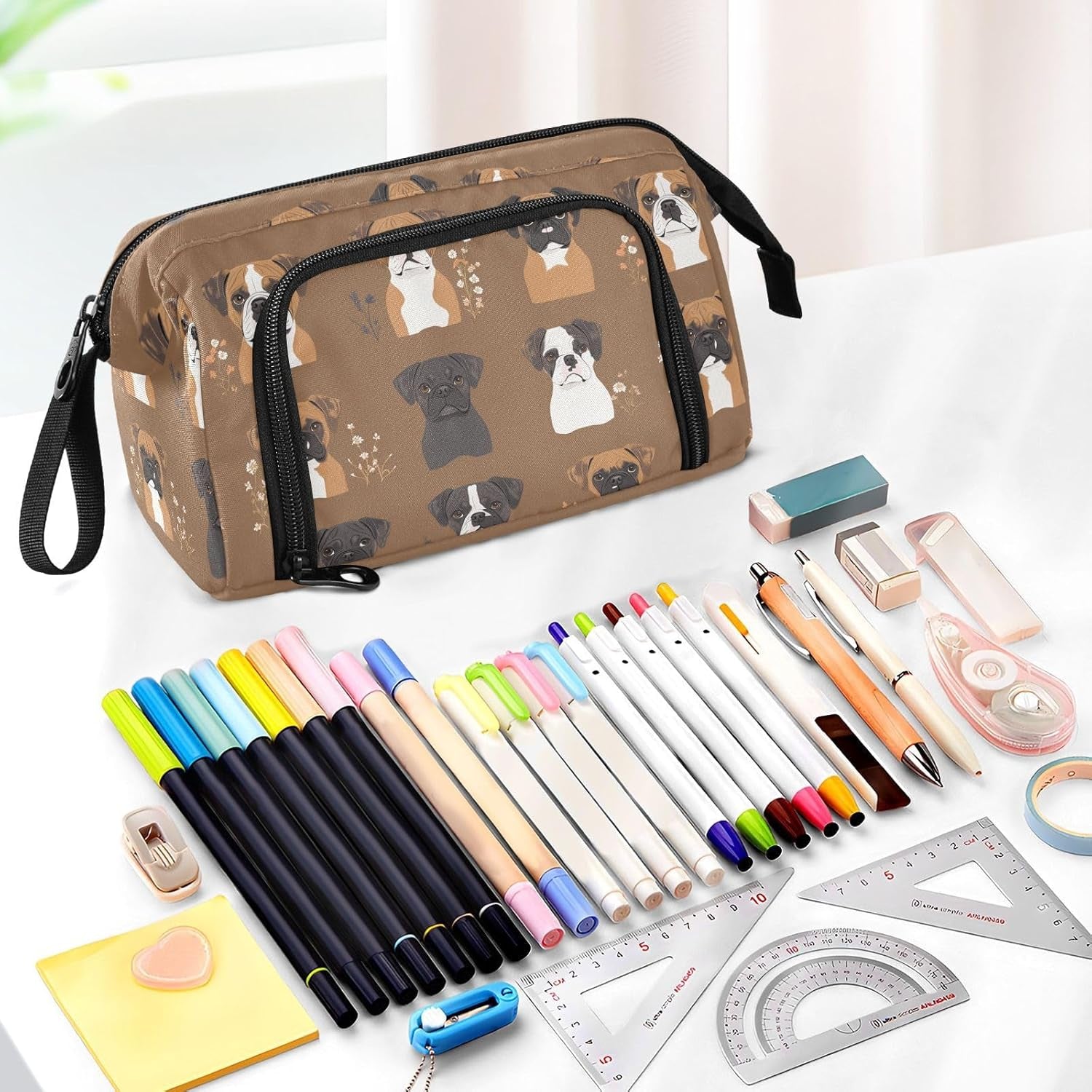 Cute Boxer Dogs Brown Pen Case Large Capacity Case for Pencils Multifunctional Pencil Case with Compartments for Adults Preppy School Supplies