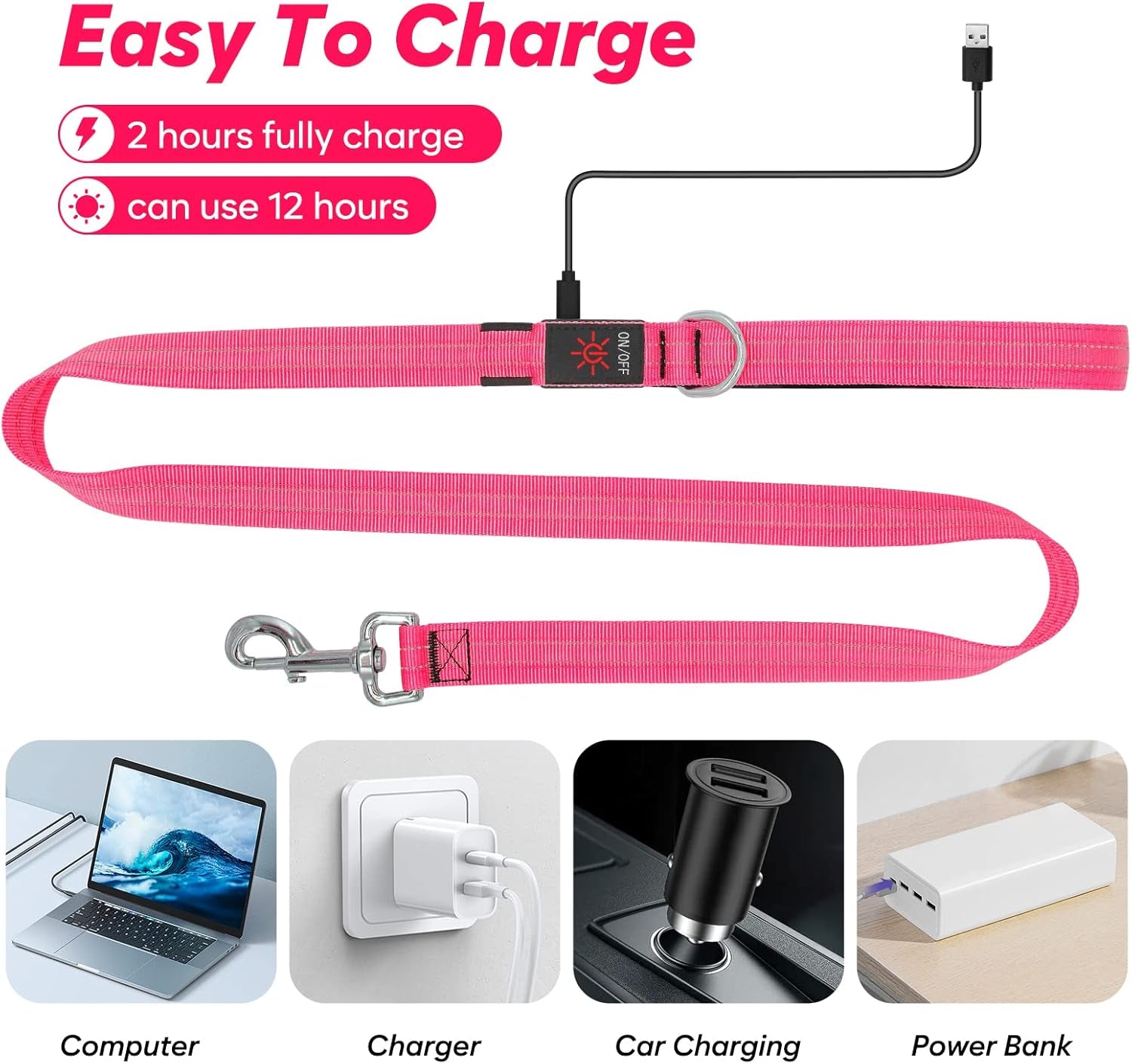 4 Ft Led Dog Leash, Rechargeable Light up Dog Leash Waterproof, Safety Glow in the Dark Dog Leash for Night Walking, Nylon Reflective Leashes with Padded Handle Small Medium Large Pets (Pink)