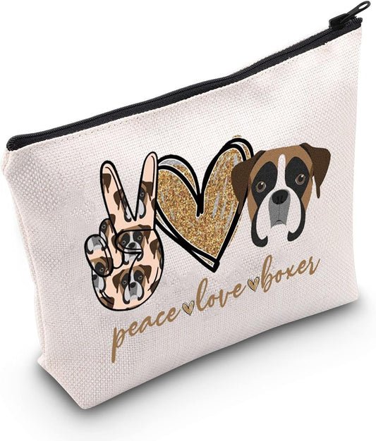 Boxer Dog Cosmetic Makeup Bag - Peace Love Zipper Pouch Gift for Women Girls, Peace Love Boxer, Make up Bag