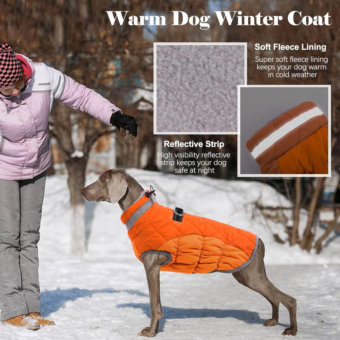 Warm Dog Winter Coat with Harness, Waterproof, Windproof, Reflective, Fleece Vest with Turtleneck & Zipper - Coats for Large Dogs in Cold Weather, Blaze Orange, L