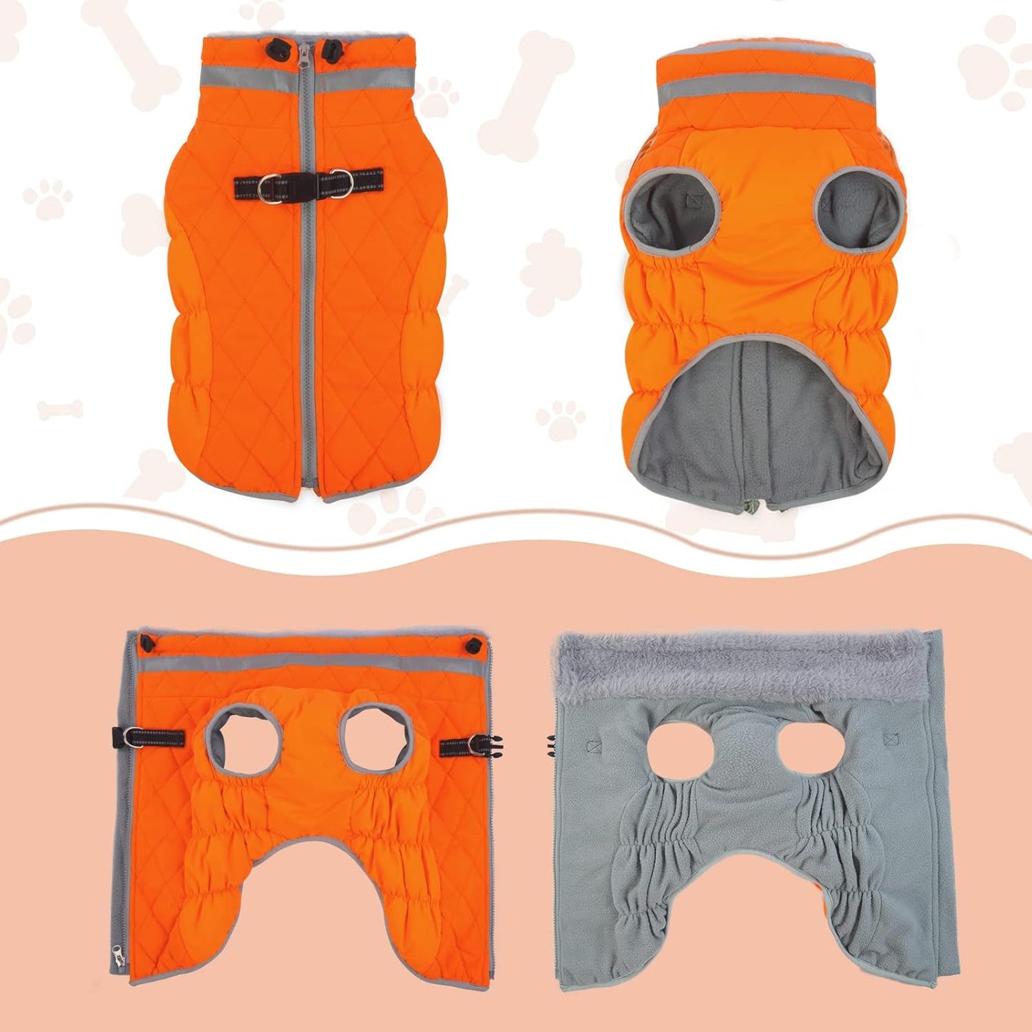 Warm Dog Winter Coat with Harness, Waterproof, Windproof, Reflective, Fleece Vest with Turtleneck & Zipper - Coats for Large Dogs in Cold Weather, Blaze Orange, L