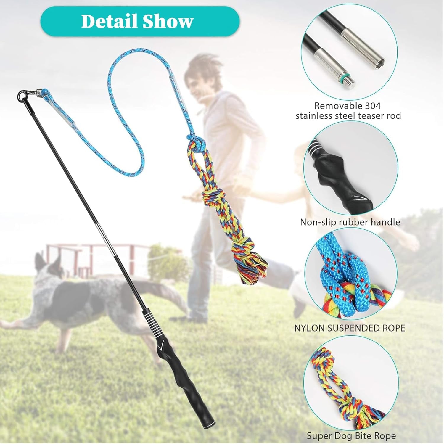 Flirt Pole for Dogs Pet Teaser Wand Outdoor Interactive Pet Dog Flirt Pole Training Exercise Rope Toy for Small Medium Large Dogs Cats