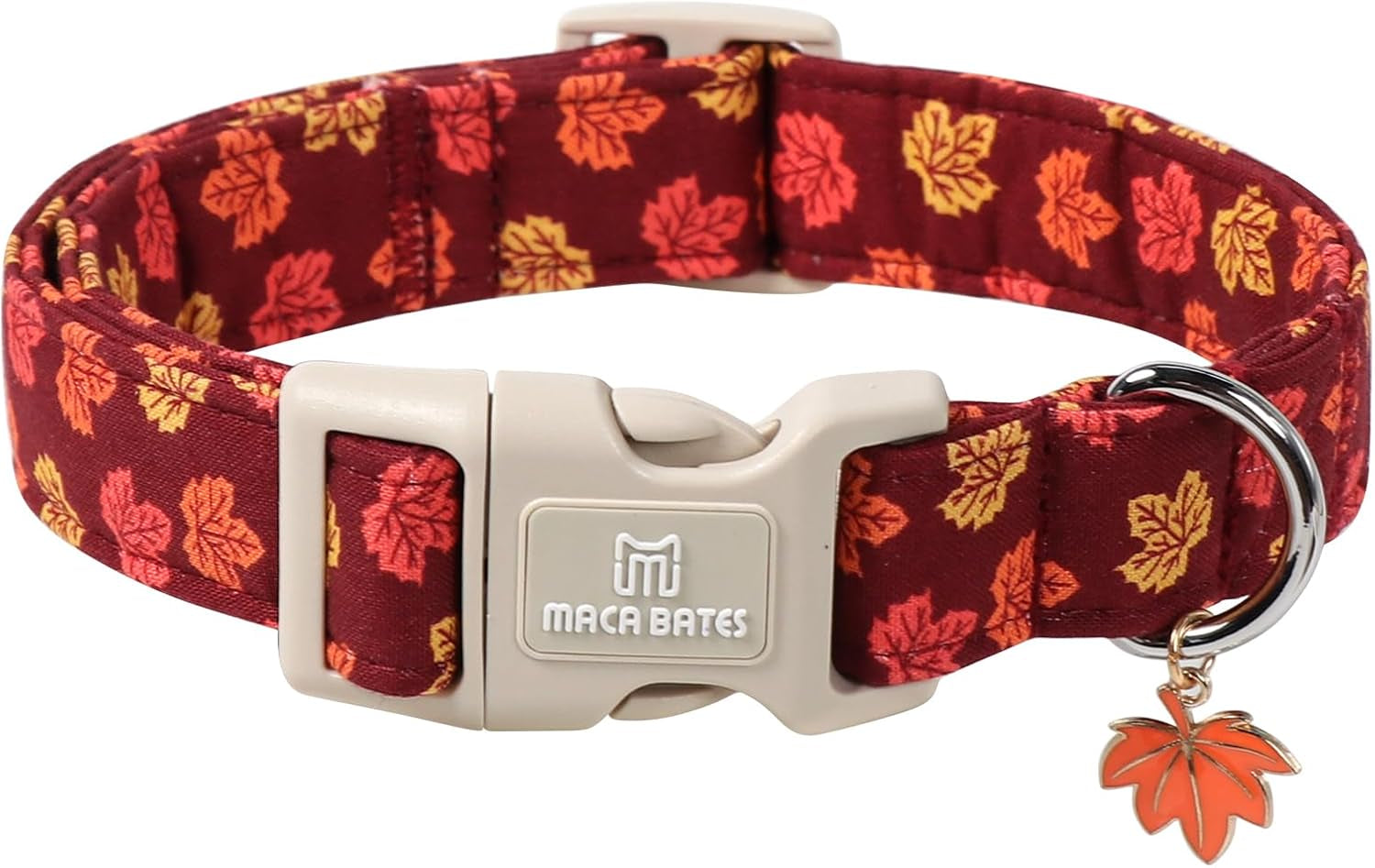 Maca Bates Fall Basic Dog Collar with Maple Leaf Charm for Medium Boy,Girl,Autumn Red Foliage Puppy Collars,Adjustable Durable Soft Comfortable for Male Female Dogs with Safety Buckle