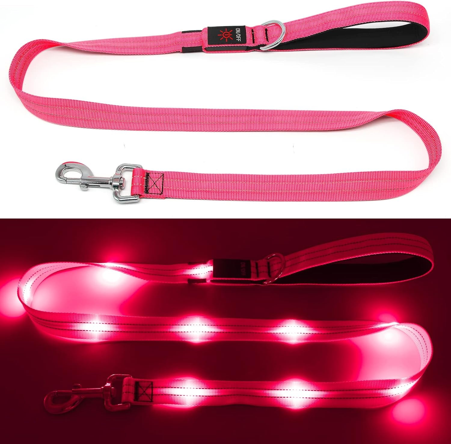 4 Ft Led Dog Leash, Rechargeable Light up Dog Leash Waterproof, Safety Glow in the Dark Dog Leash for Night Walking, Nylon Reflective Leashes with Padded Handle Small Medium Large Pets (Pink)