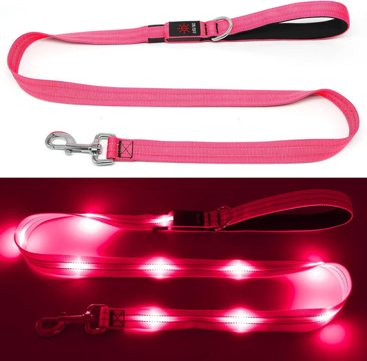4 Ft Led Dog Leash, Rechargeable Light up Dog Leash Waterproof, Safety Glow in the Dark Dog Leash for Night Walking, Nylon Reflective Leashes with Padded Handle Small Medium Large Pets (Pink)